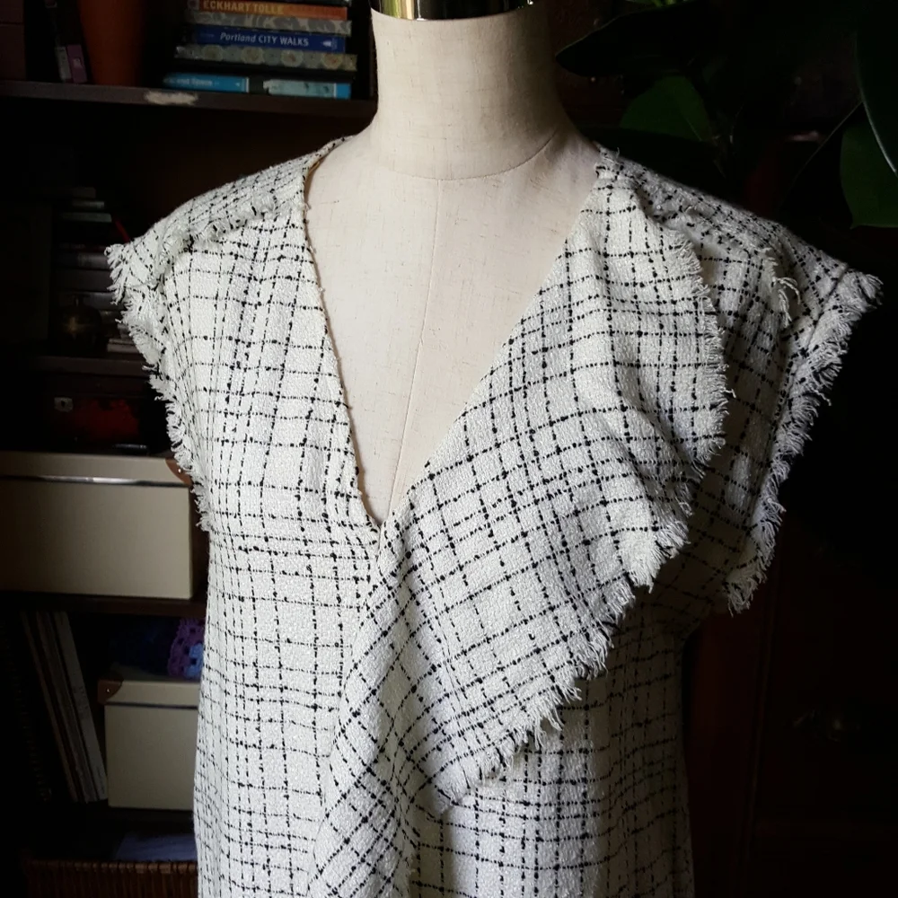 Zara Tweed Asymmetric Ruffle Dress V Neck Pockets - Picture 8 of 9
